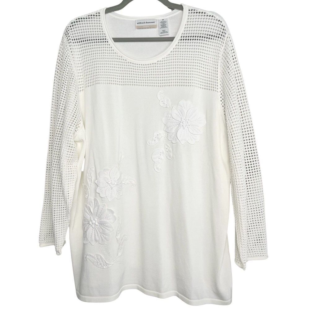 Alfred Dunner NWT White Crochet Flower Long Sleeve Top Womens Plus Size 2X